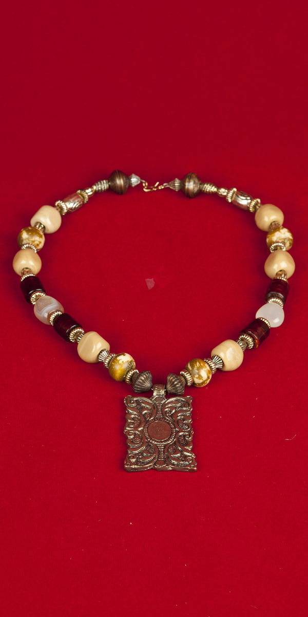 Necklace with Khaki color stones , Brown beads and Golden Pendant