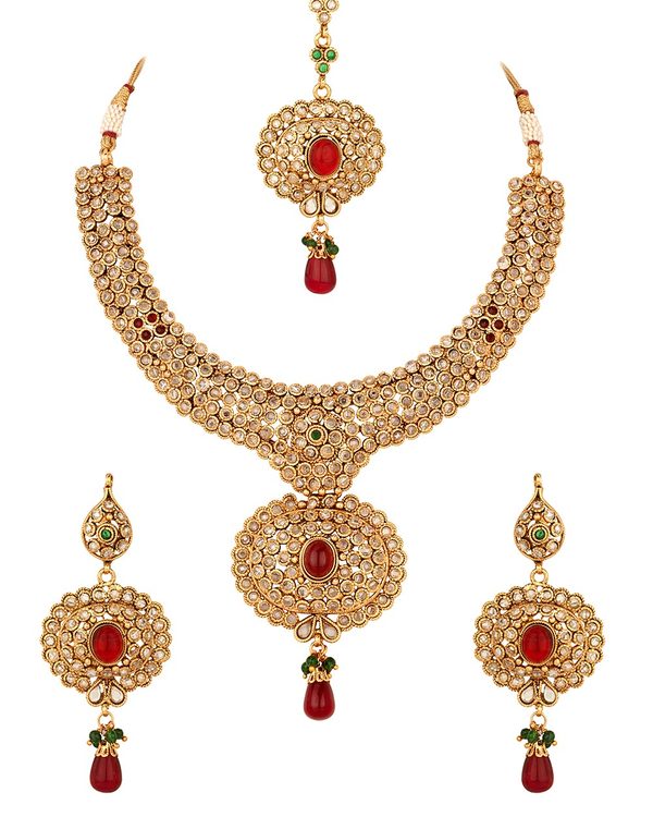 Buy Gold Plated Necklace Set With Elaborate Stone Embellishment Online ...